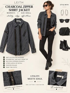Leith Charcoal Utility Zipper Shirt Jacket
